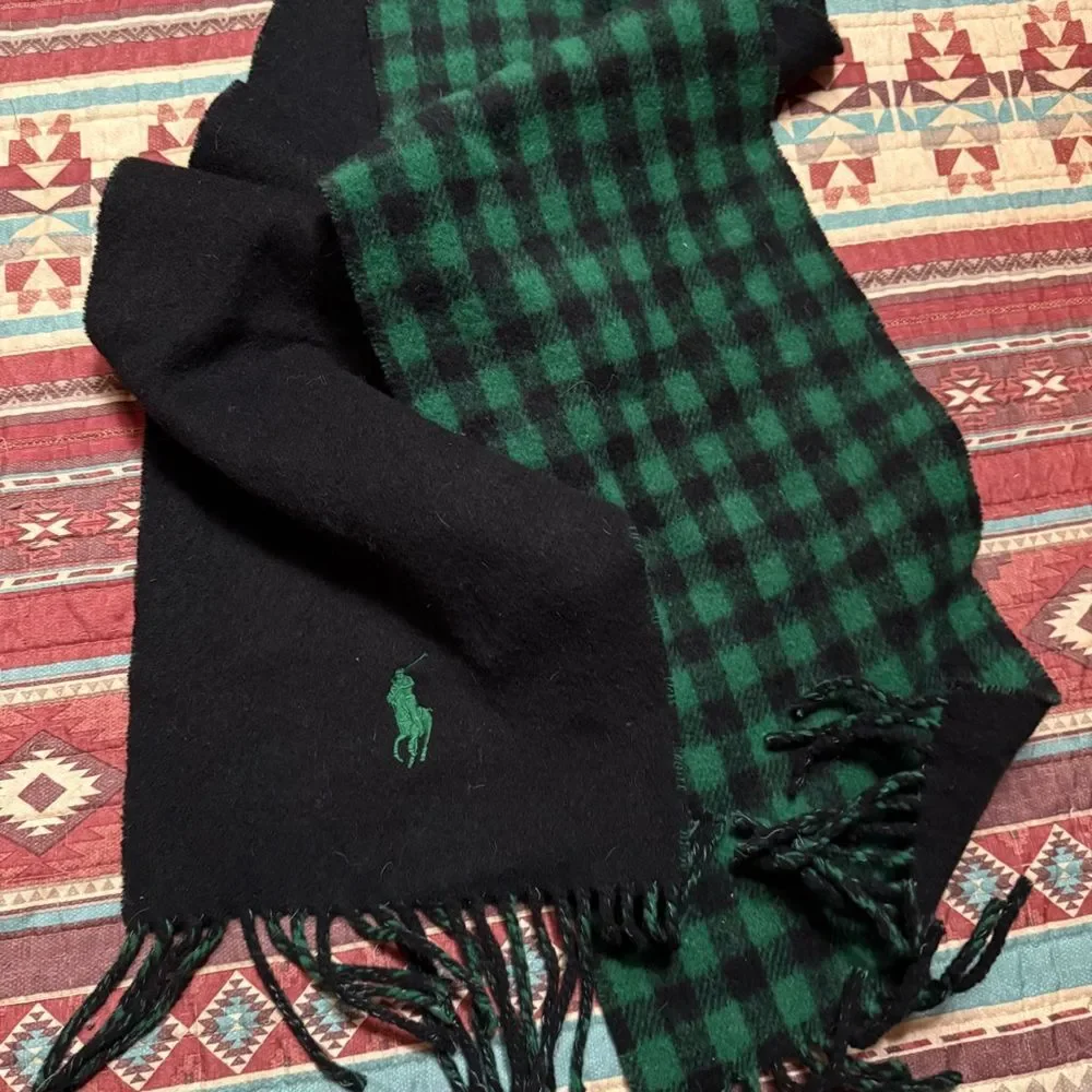 Polo Ralph Lauren Black and Green Plaid Wool Reversible scarf